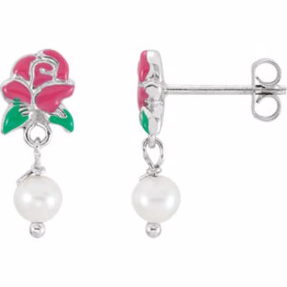 650811:600:P Sterling Silver Belle Enamel Rose & Freshwater Cultured Pearl Earrings
