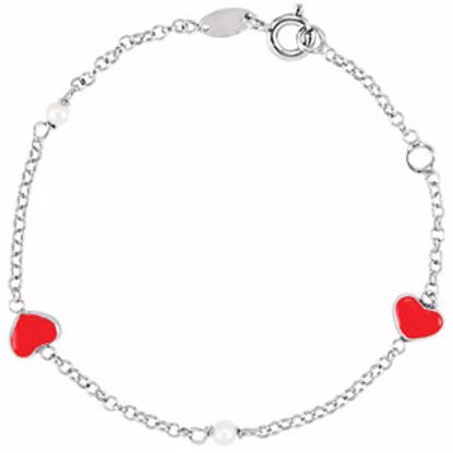 650814:600:P Sterling Silver Freshwater Cultured Pearl & Red Enamel Puff Heart 5.5-6.9" Bracelet
