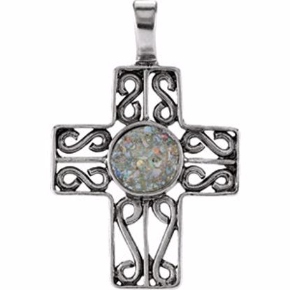 R45379:100:P Sterling Silver Cross Pendant with Ancient Roman Glass Design