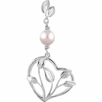 651044:101:P 14kt White Freshwater Cultured Pearl Leaf Design Heart Pendant