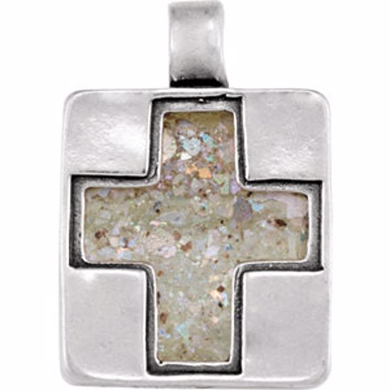 R45387:101:P Sterling Silver 19.35x27.8mm Cross Pendant with Ancient Roman Glass