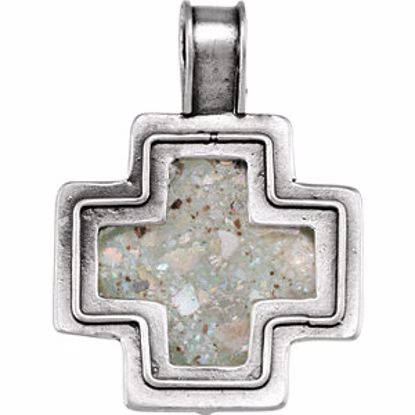 R45388:101:P Sterling Silver 34.45x24.45mm Cross Pendant with Ancient Roman Glass