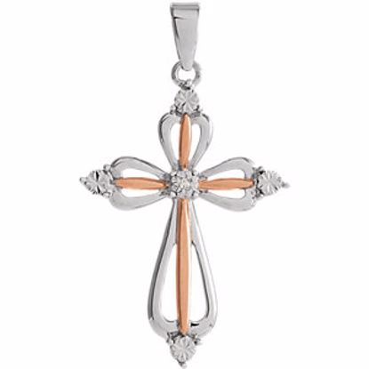 651056:100:P Sterling Silver 32x17mm Diamond Cross Pendant with Rose Gold Plating