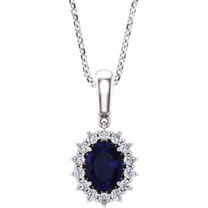 85654:70000:P 14kt White Chatham® Created Blue Sapphire & 1/3 CTW Diamond 18" Necklace