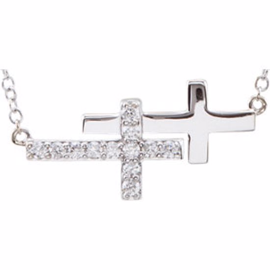 651345:102:P 14kt White 1/6 CTW Diamond Double Sideways Cross 18" Necklace