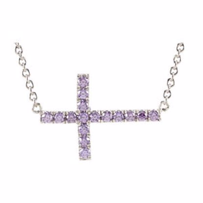 651343:107:P Sterling Silver Purple Cubic Zirconia Sideways Cross 18" Necklace