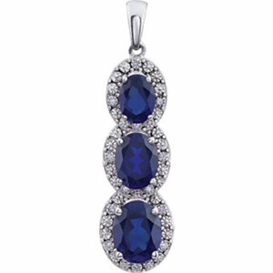 651372:70002:P 14kt White Created Blue Sapphire & .04 CTW Diamond 3-Stone Pendant