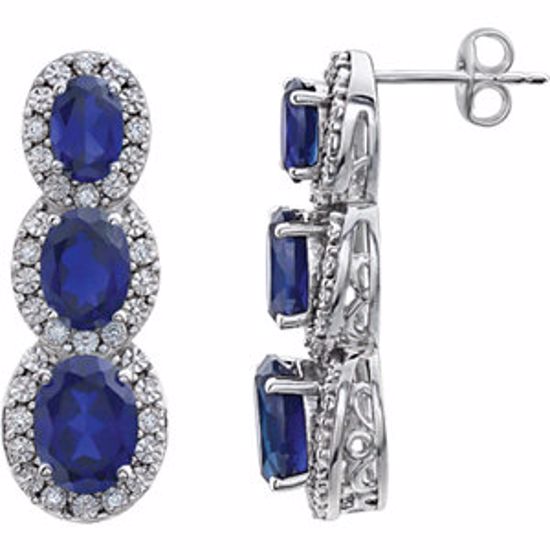 651373:70002:P 14kt White Created Blue Sapphire & .07 CTW Diamond 3-Stone Earrings