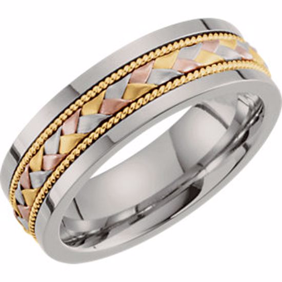 T1028:110:P Titanium, 10kt Yellow, Rose & White 7mm Hand-Woven Band Size 10