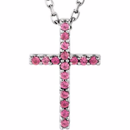 R42147:115:P 14kt White Pink Tourmaline Cross 16" Necklace 