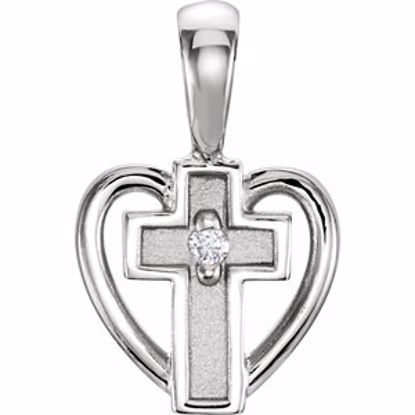 R41055D:254478:P 14kt White .01 CTW Diamond Heart Cross Pendant