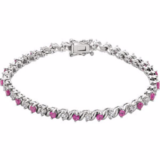 651634:100:P 14kt White Created Ruby & 1/10 CTW Diamond Line 7" Bracelet