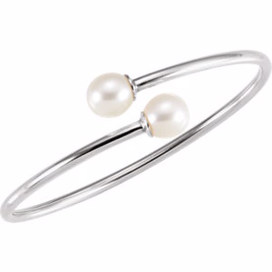 651644:100:P Sterling Silver 9.5mm White Pearl Flexible Bangle Bracelet