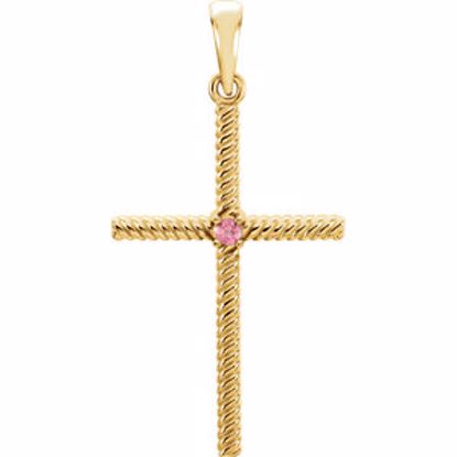 R42329:6019:P 14kt Yellow Pink Tourmaline 31.95x16.3mm Rope Design Cross Pendant 