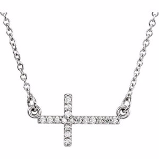 R42323:60000:P 14kt White .08 CTW Diamond Sideways Cross 16-18" Necklace 