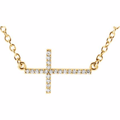 R42323:60004:P 14kt Yellow 1/10 CTW Diamond Sideways Cross 16-18" Necklace 