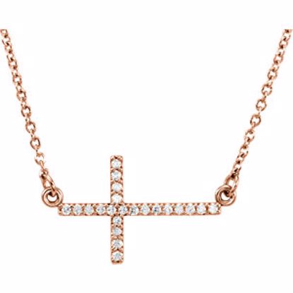 R42323:60005:P 14kt Rose 1/10 CTW Diamond Sideways Cross 16-18" Necklace