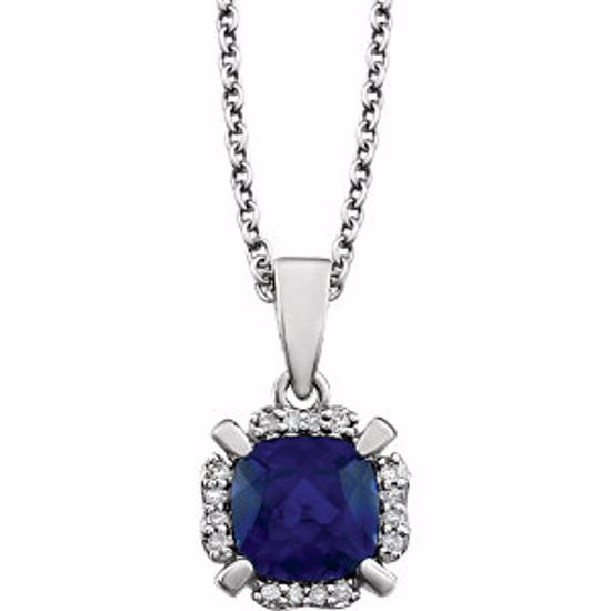 651953:60009:P 14kt White Created Blue Sapphire & .05 CTW Diamond 18" Necklace