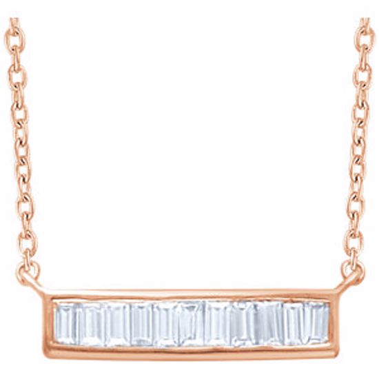 651885:60005:P 14kt Rose 1/4 CTW Diamond Baguette 16-18" Bar Necklace