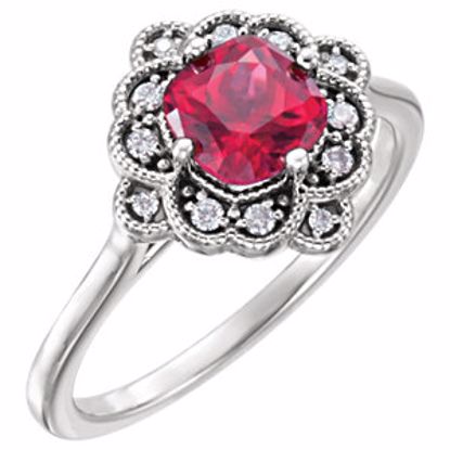 71794:6000:P 14kt White Chatham® Created Ruby & 1/10 CTW Diamond Halo-Style Ring 