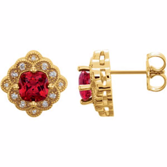 86277:6001:P 14kt Yellow Chatham® Created Ruby & 1/10 CTW Diamond Earrings