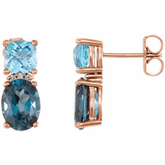 86308:606:P 14kt Rose London Blue Topaz, Swiss Blue Topaz & .01 CTW Diamond Earrings