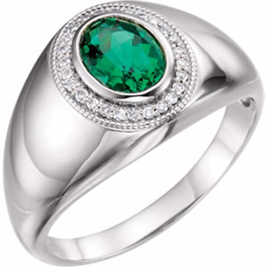 9837:600:P 14kt White Men's Chatham® Created Emerald & Diamond Accented Ring